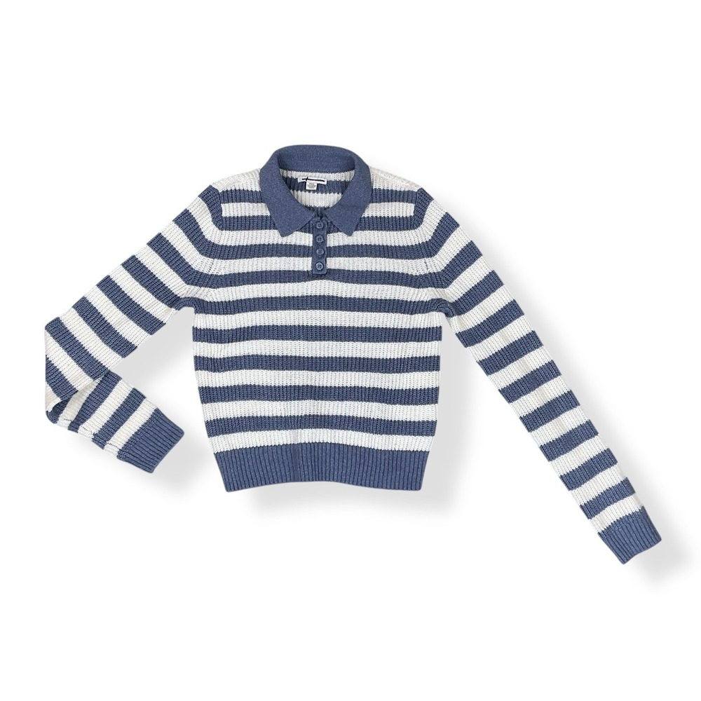 American Eagle Sweater Women Medium Blue White Stripe Collar Buttons NWOT